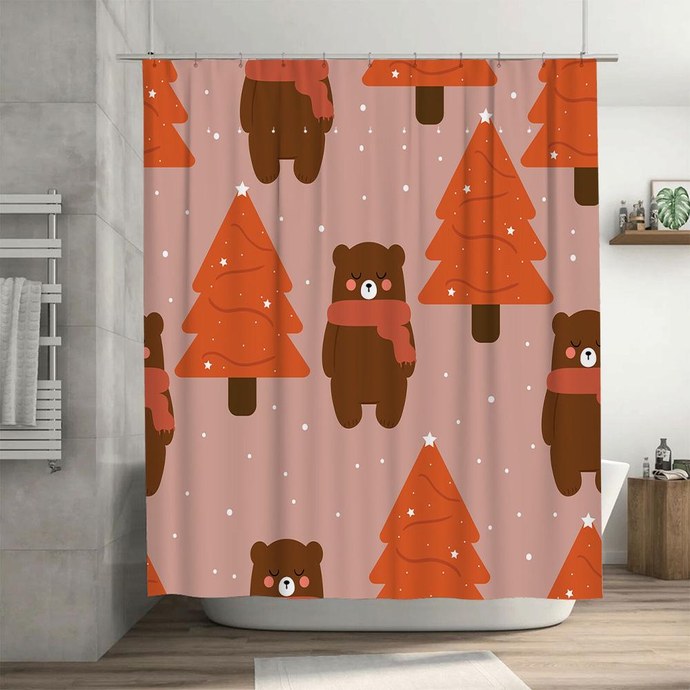 Bear Christmas Tree Shower Curtain Bath Decor Waterproof Fabric Home Decoration Pink Color with Bears Trees Pattern (Size: 180x2