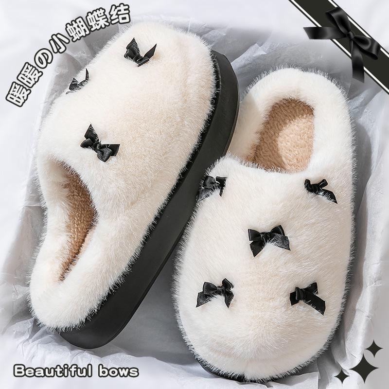 Women's Bowknot Plush Cotton Slippers - Thick, Warm, Non-slip Indoor Footwear for Autumn/Winter 2025