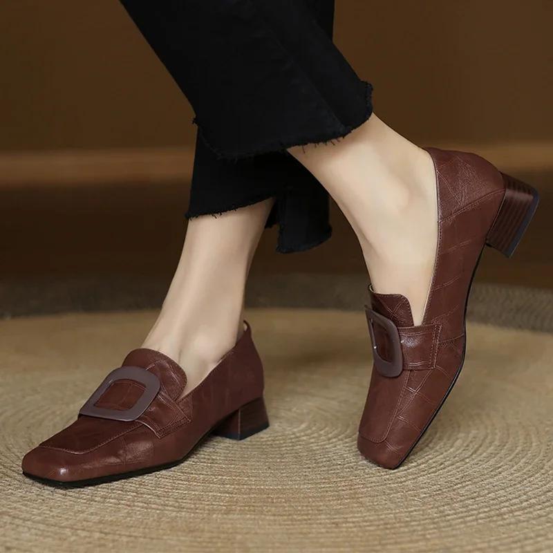Fashion Chunky Woman Leather Shoes Square Toe Dress Office Loafers Shoes Woman Trend Designer New Elegant Heels Shoes Female Pumps