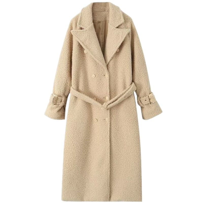 

Western Style 2023 Autumn and Winter New Women Design Slimming Versatile Long sleeve Bead Leather Long Woolen Jacket Khaki L
