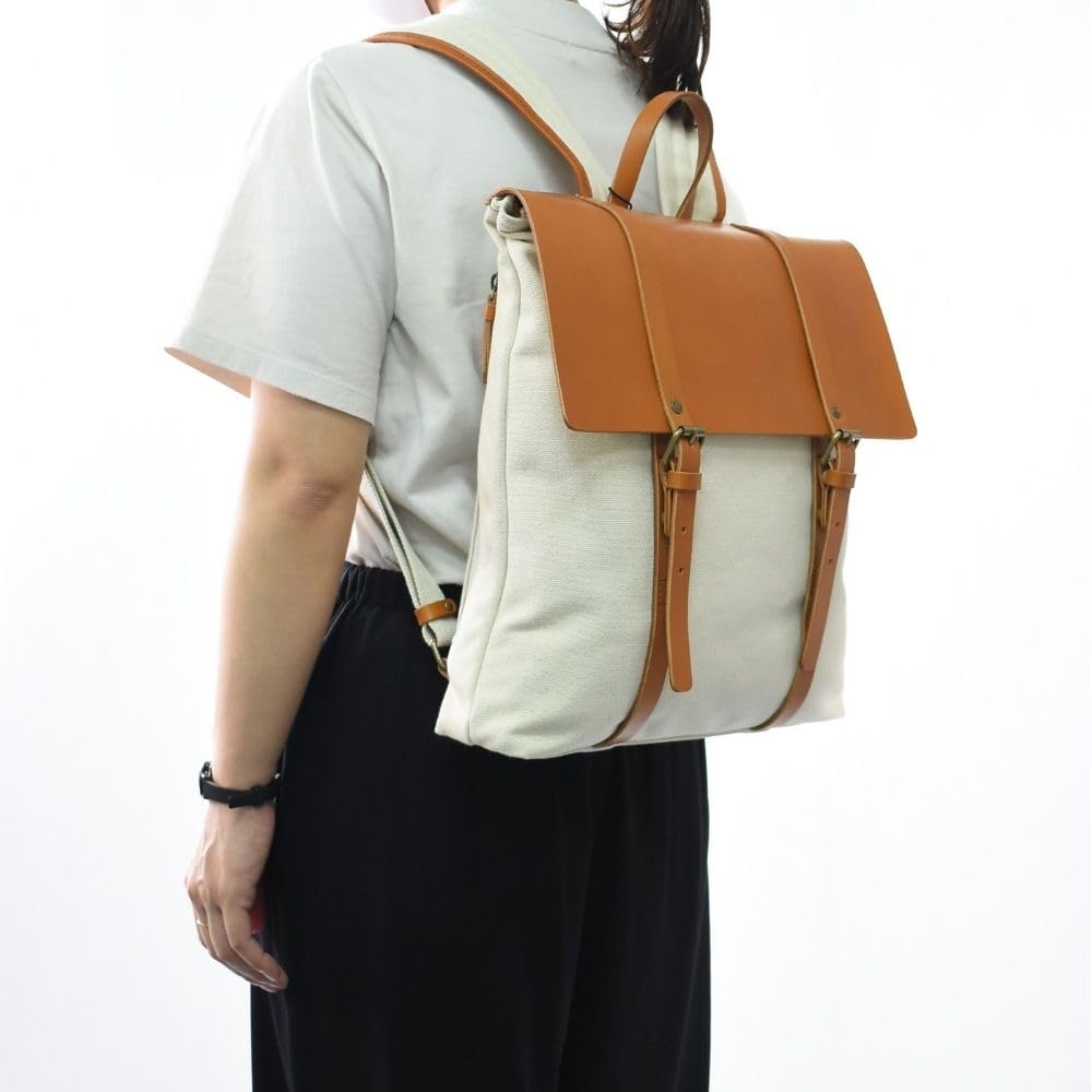 Marutomi Shokai Chair Canvas and Leather Flap Camel Leather and W32 X H36 X Backpack, Off-White Canvas, Size Approx. D7cm, 7M0-1106