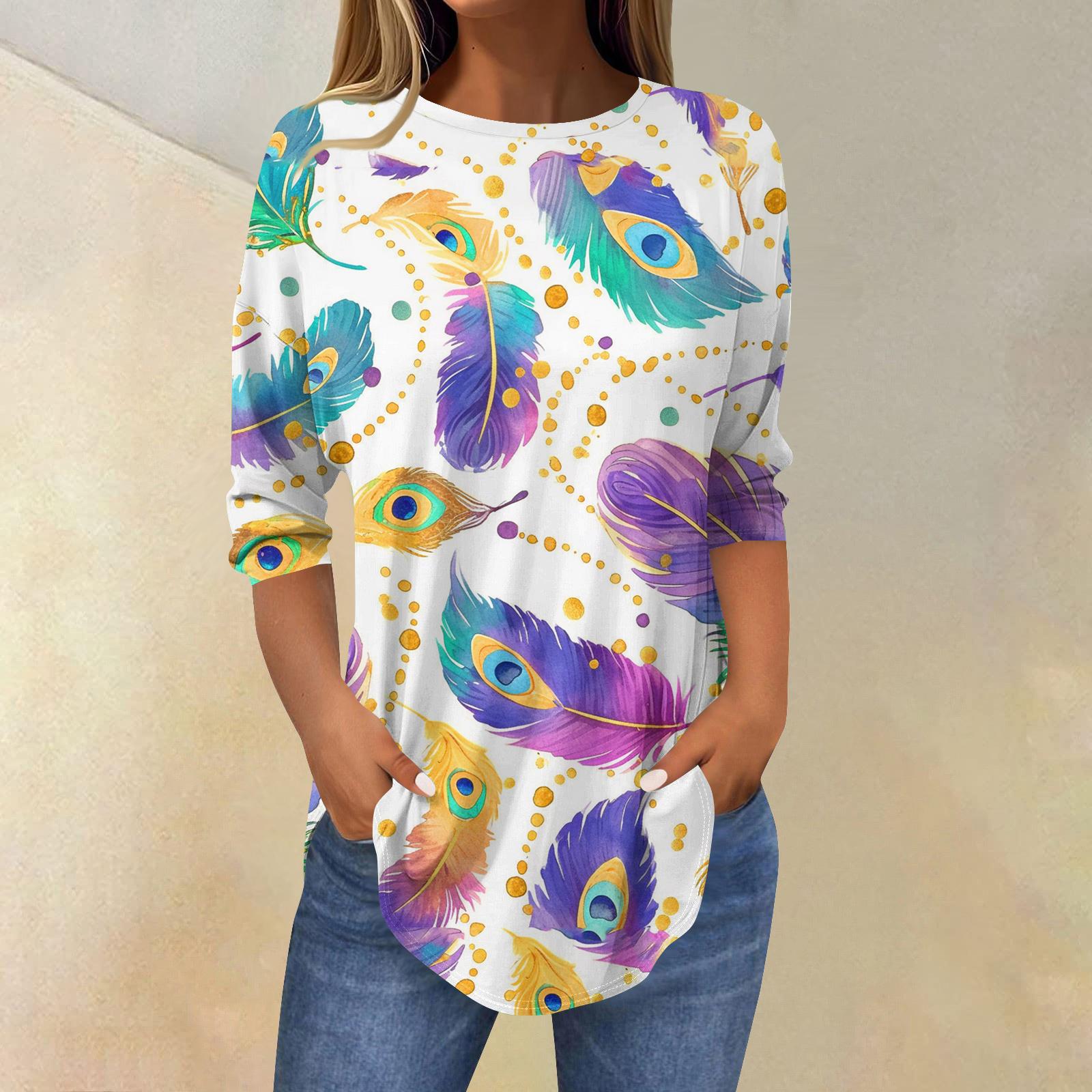 

Womens T Shirts 3/4 Sleeve Shirts Solid Color Pullover Summer Spring Tops Blouses S