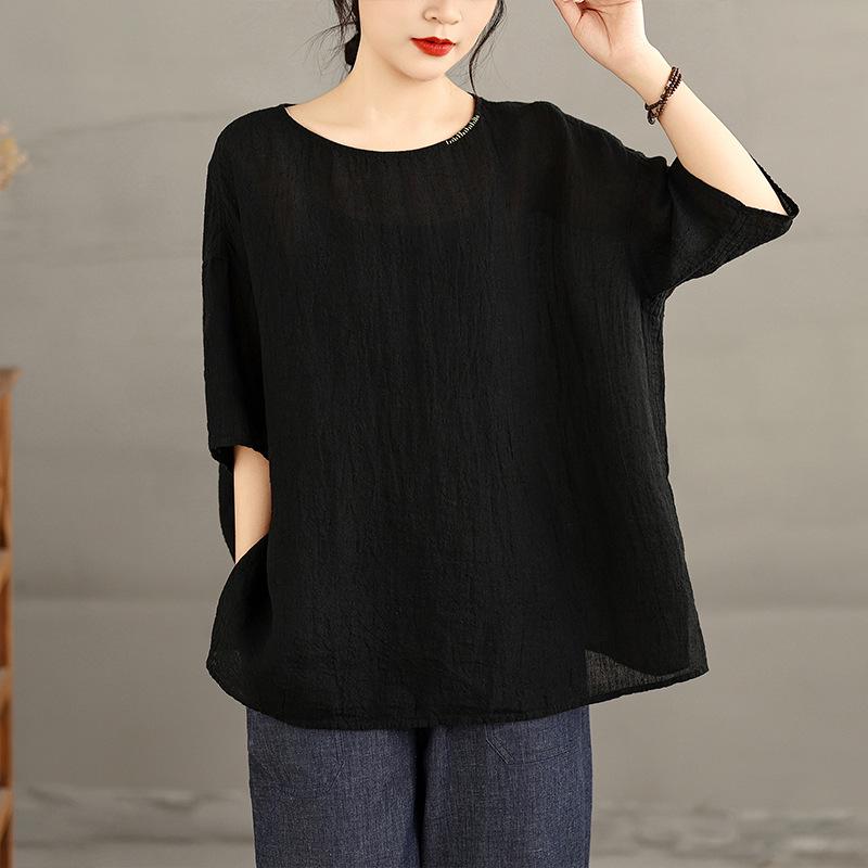 

Real Shot Summer Lightweight Color-Woven Pleated Shirt: Comfortable Cotton-Linen, Round Neck, Three Colors, Loose Fit L