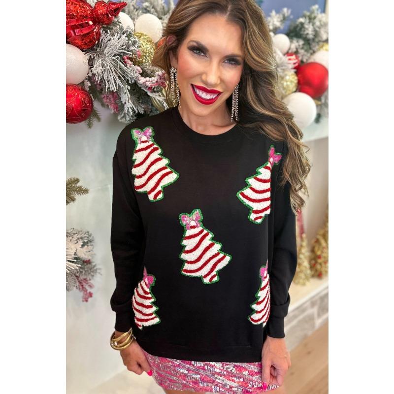 Women S Loose Fit Round Neck Pullover Hoodie With Christmas Tree Sequins Pattern