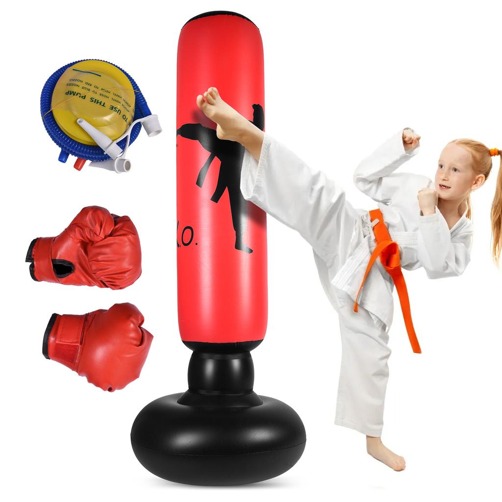 Inflatable Kids Punching Bag with Foot Pump and Gloves for Family Fun Indoor Outdoor Punch Bag for Kids Red and Black 1