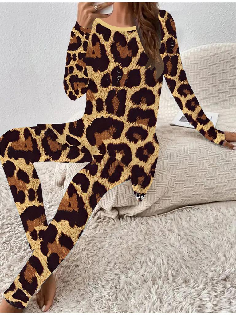 Euro-American Fashion 3D Leopard Print Women's  Four-season Long-sleeved T-shirt + Long Pants Two-piece Set. Perfect Gift