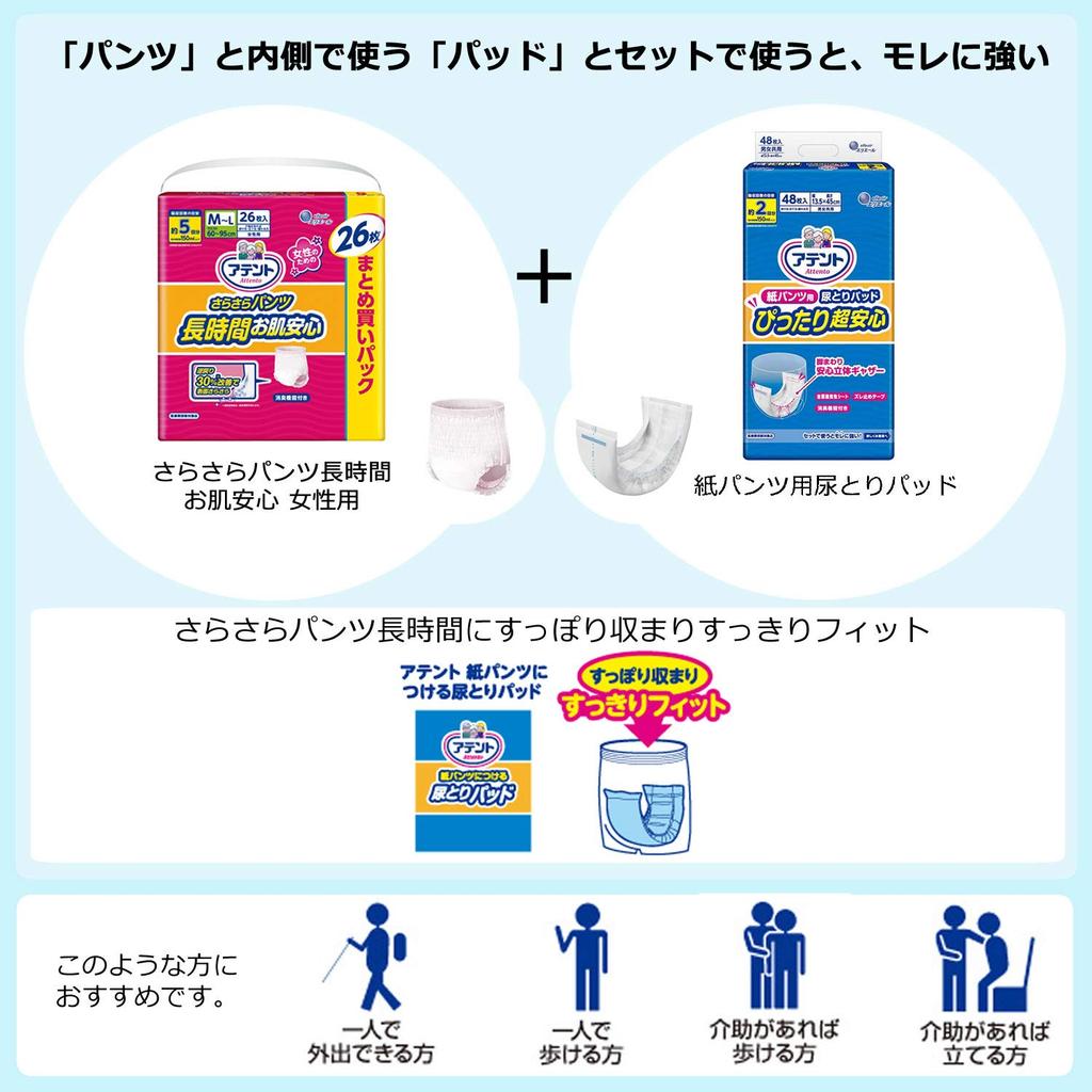 Attends Sizes 26 Keeps Skin Dry and Comfortable those who can walk with Women's Long-Lasting Pants, M-L, 5-Time Absorption, Count, [For assistance]