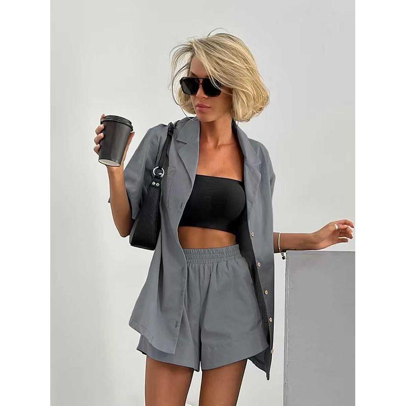 

Western Style New Summer Short sleeve Shirts Elastic Waist Wide Leg Pants Two-piece Set Shirt and Shorts Set Gray L