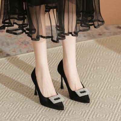 Celebrity Rhinestone Square Buckle High Heels Women's Waterproof Table Thin Heel Pointed Single Shoes Black Suede Professional Commuter Work Shoes