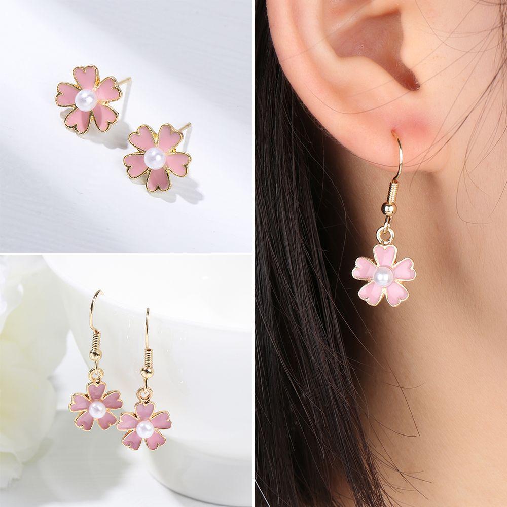 

Women Simple All-match Jewelry Five Petal Pink Pearl Flower Earring