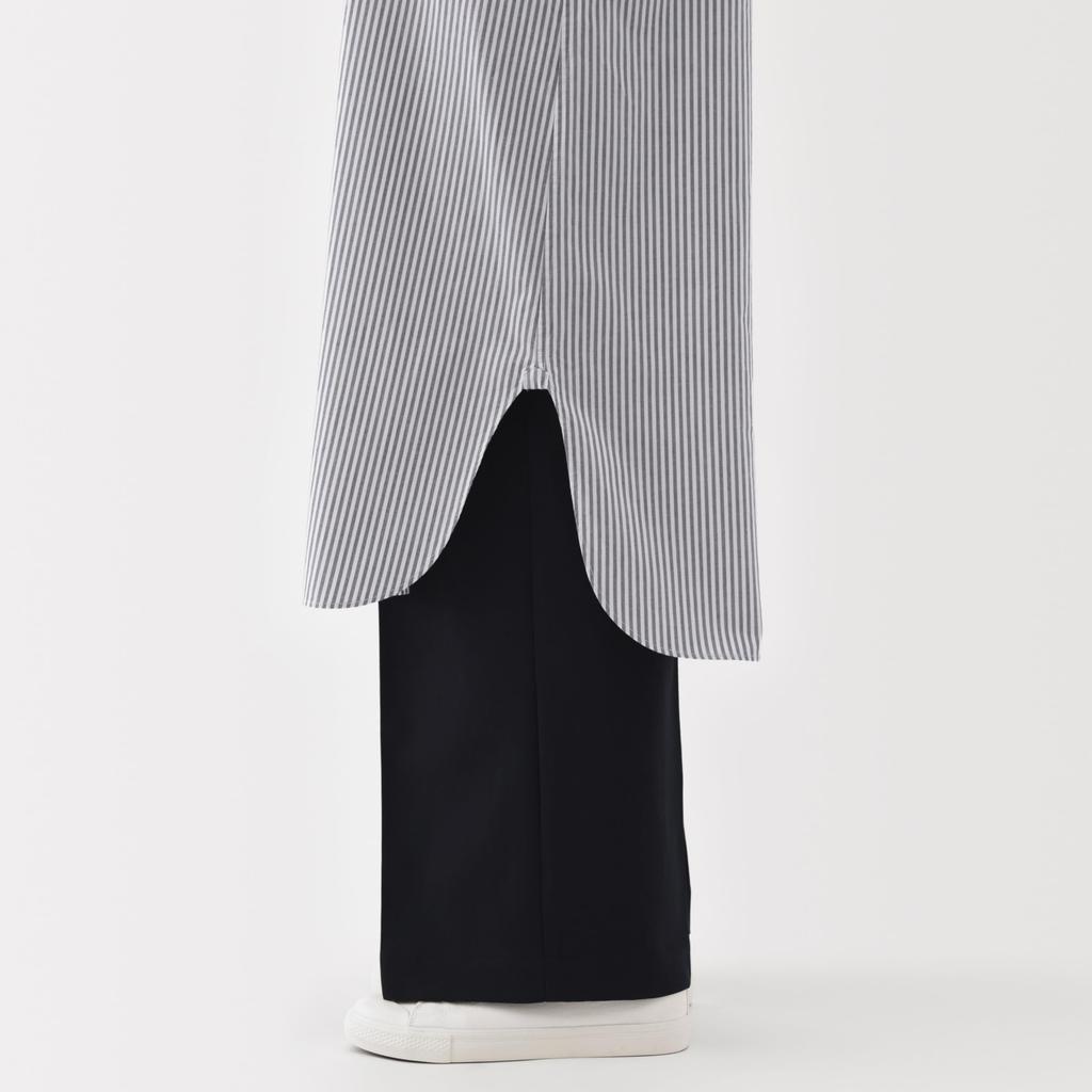 MUJI Women's Washed Broad Stand Collar Long Sleeve Dress, Dark Navy Stripe, Size L, BC2LUA5S