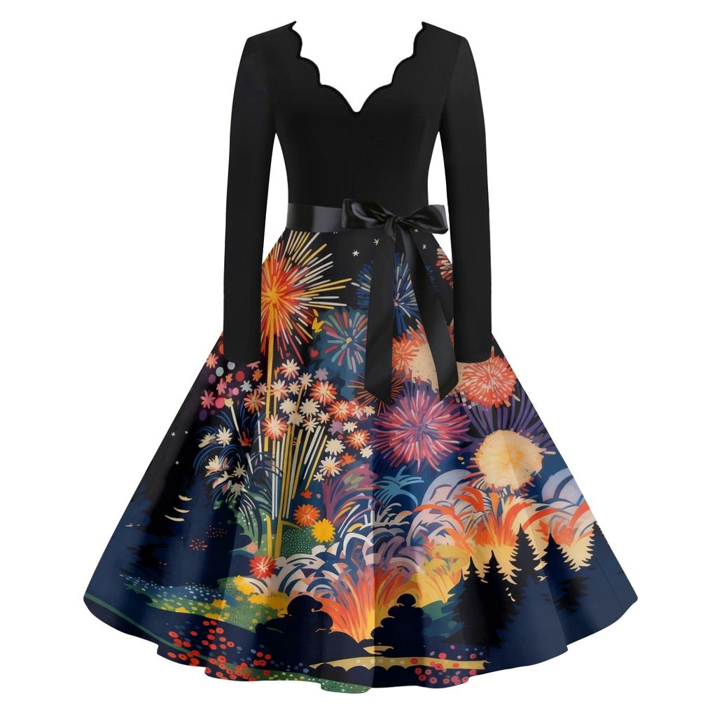 Women's Casual Fashion New Year Printed V-Neck Vintage Dress