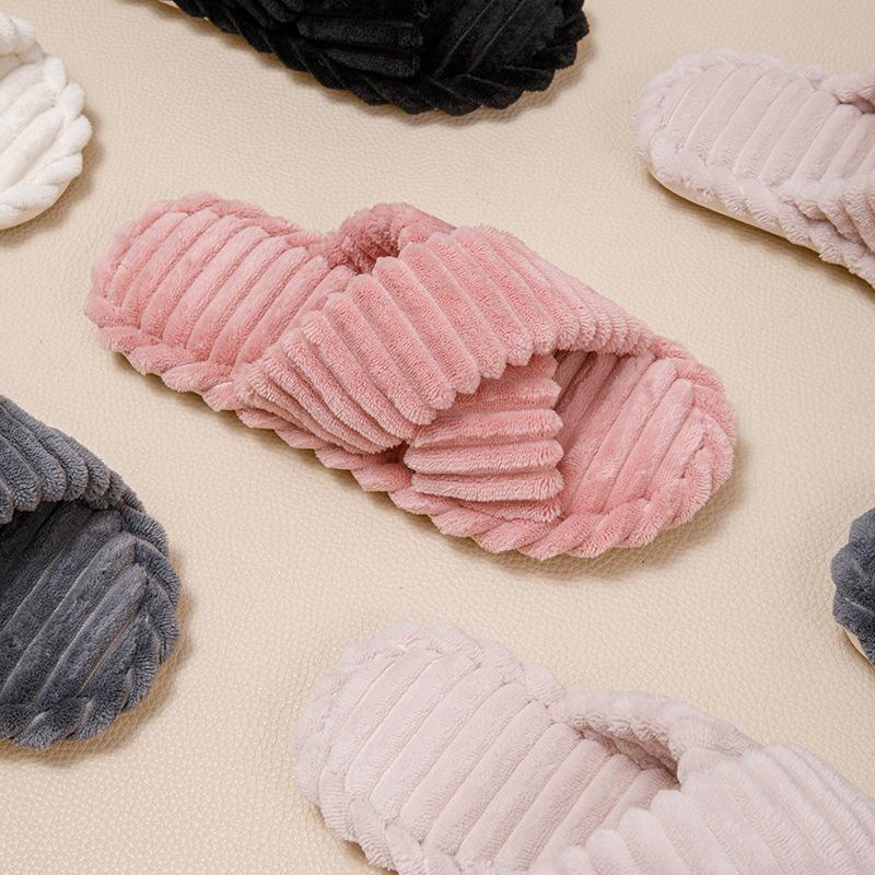 Striped Open ** Fork with Cotton Slippers Fluffy Slippers Comfortable and Simple Home Plush Slippers