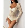 Women's Lace Sheer Long Sleeve Corset Bodysuit Sweetheart Neck Going Out Tops Party Club Leotard