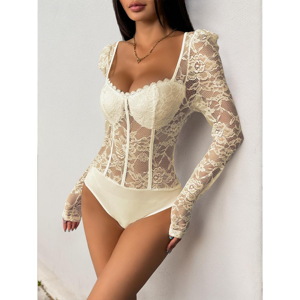 Women's Lace Sheer Long Sleeve Corset Bodysuit Sweetheart Neck Going Out Tops Party Club Leotard