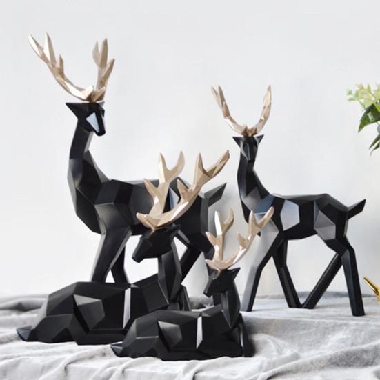 2 Weihnachts-Rentierfiguren Aus Harz – Sitzend & Stehend, In Schwarz, Gold Oder Weiß