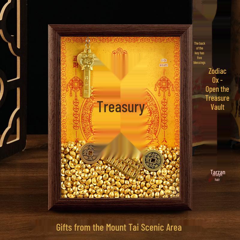 2025 Auspicious Open Wealth Photo Frame with Golden Key, Solid Wood Entrance Foyer, Zodiac Animals, Five Roads to Attract Wealth.