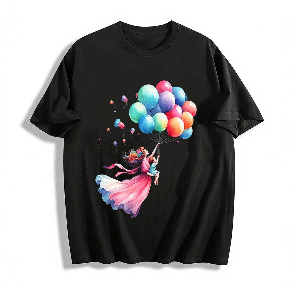 Mother And Kid Floating With Balloons Graphic Tee Pure cotton T-shirt XXS