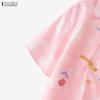 ZANZEA Women Casual Turn Down Collar Loose Short Sleeve Floral Print Blouse