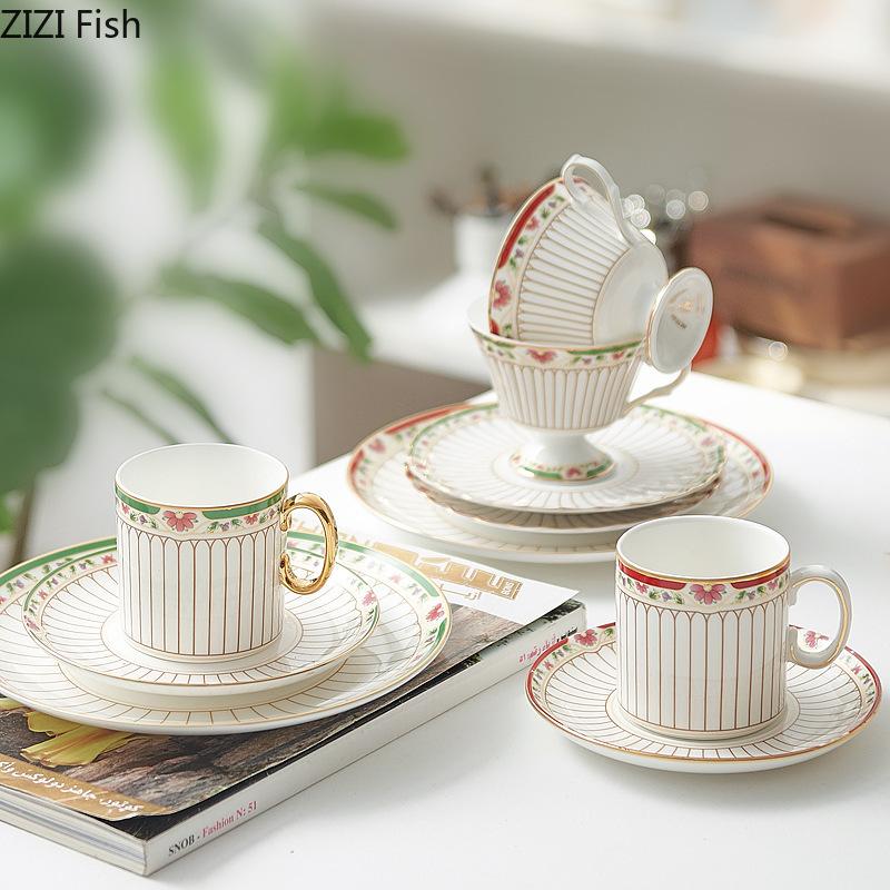 Classical Gold-plated Stripes Ceramic Cup&saucer Dining Table Coffee Cup Milk Mugs Afternoon Tea Teacup Fruit Juice Container