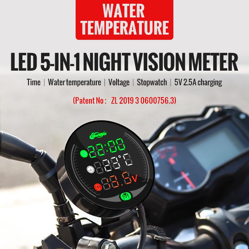 9-24V Waterproof 5-In-1 Motorcycle Led Night Vission Multi-function Voltmeter For Volatge Timer Temperature Usb Charger