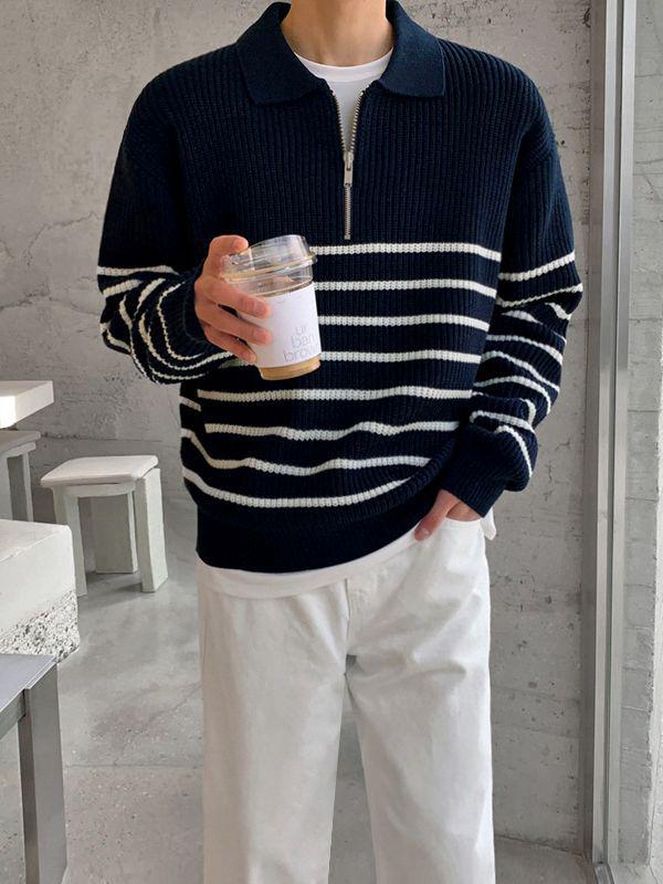 Men's Retro Striped Half-Zip Polo Sweater - Casual Korean Autumn Lapel Style