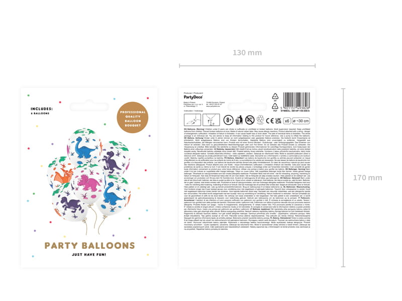 Partydeco Balony 30Cm Dinozaury Pastel Białe  6 Szt