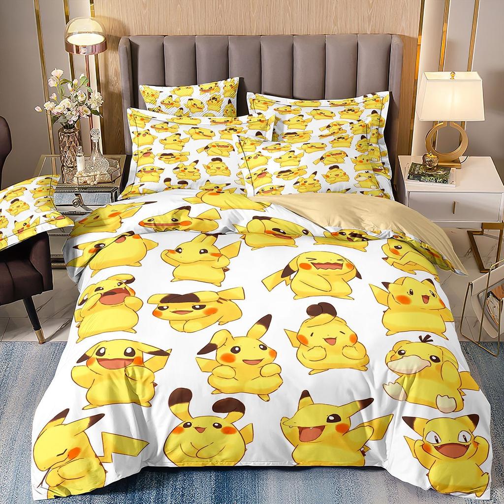 Pokémon Cartoon Bedding Set, Pikachu Cute Duvet Cover Pillowcase, Home Bedroom Three-piece Set, Boy and Girl Comforter Sets