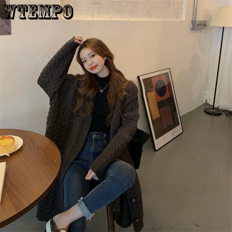 WTEMPO Women Long Knitted Sweaters Cardigans Autumn Female Large Size Casual Tops Long Sleeve Thick Solid Color Loose Coats