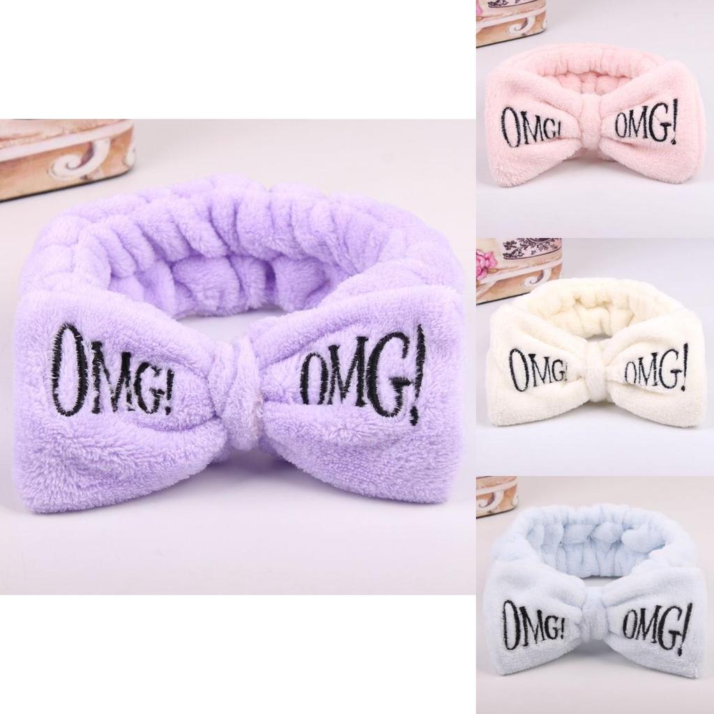 Versatile Candy Color Omg Letters Bow Headband Coral Fleece For Daily Facial Routines