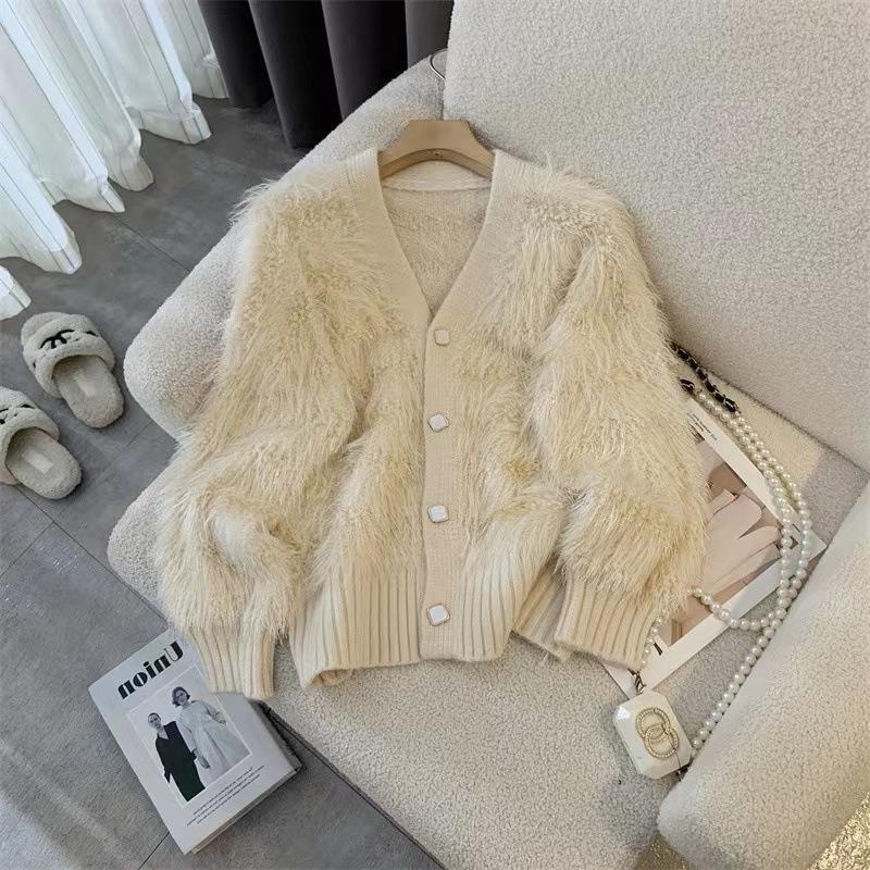 Women's Autumn/Winter Faux Mink Velvet Knit Cardigan - Soft, Glossy, and Cozy Sweater Jacket