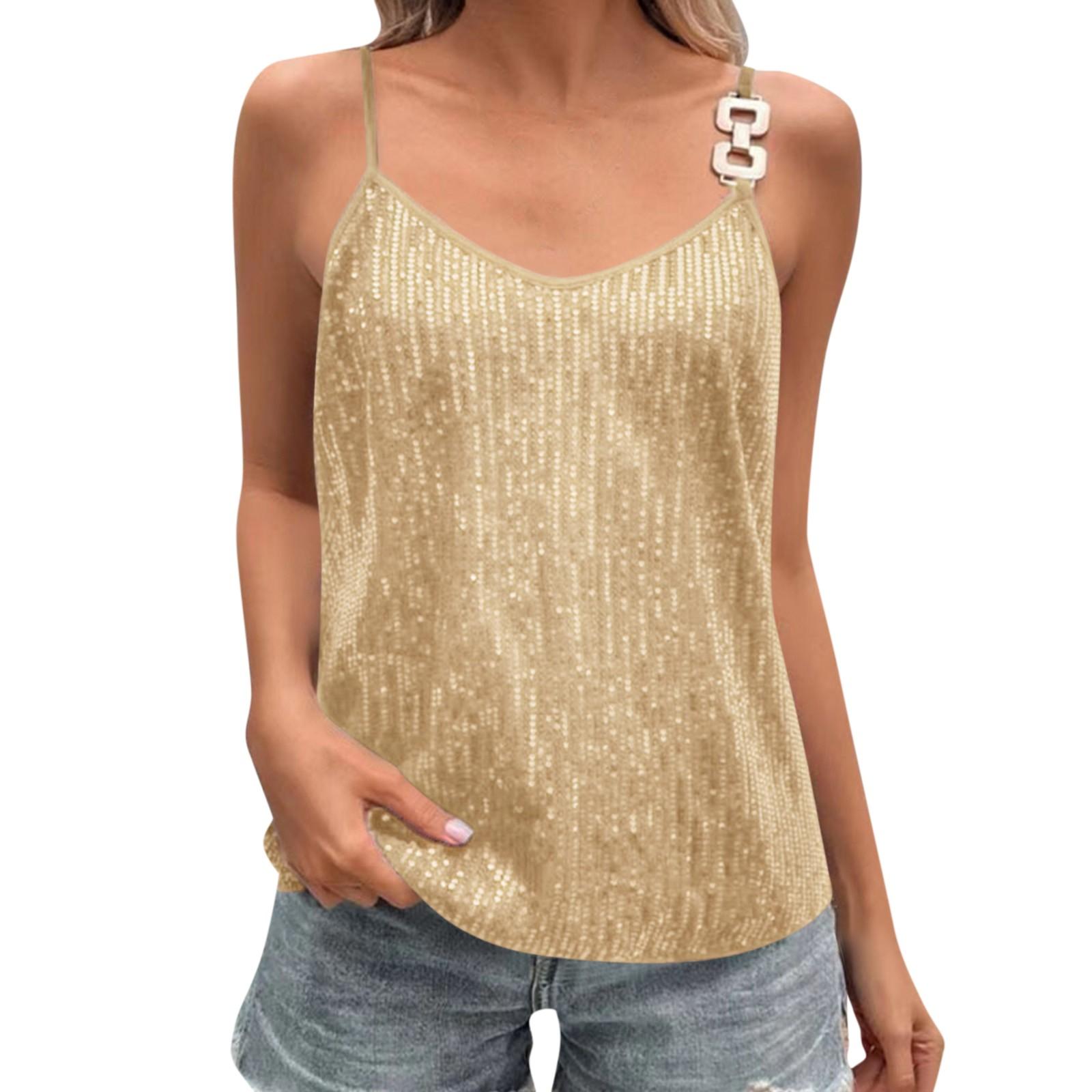 

Женский однотонный топ без рукавов с пайетками на подтяжках L бежевый
