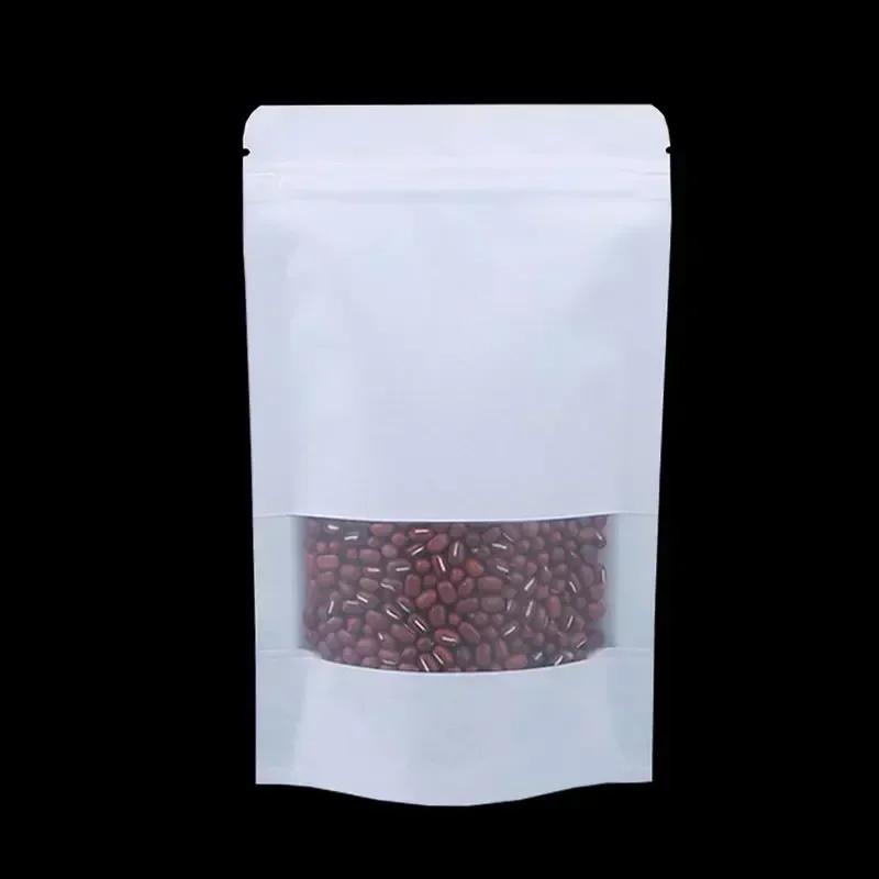 50piece Kraft Paper With Windows Self Sealing Bag Thick White Matte Stand Up Storage Bags Food Seal Up Packaging Zip Lock Pouch