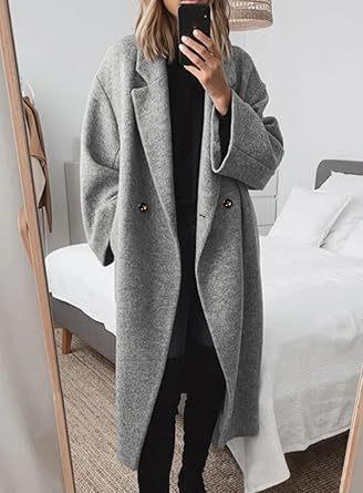 Women s Lapel Collar Long Sleeve Wool Coat Oversized Fit Elegant Commuter Long Maxi Overcoat S