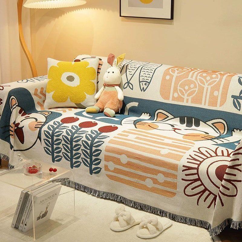 Cartoon Sofa Throw Cover Universal Fit All-Season Knitted Jacquard Blanket Living Room Bedroom Pet-Resistant