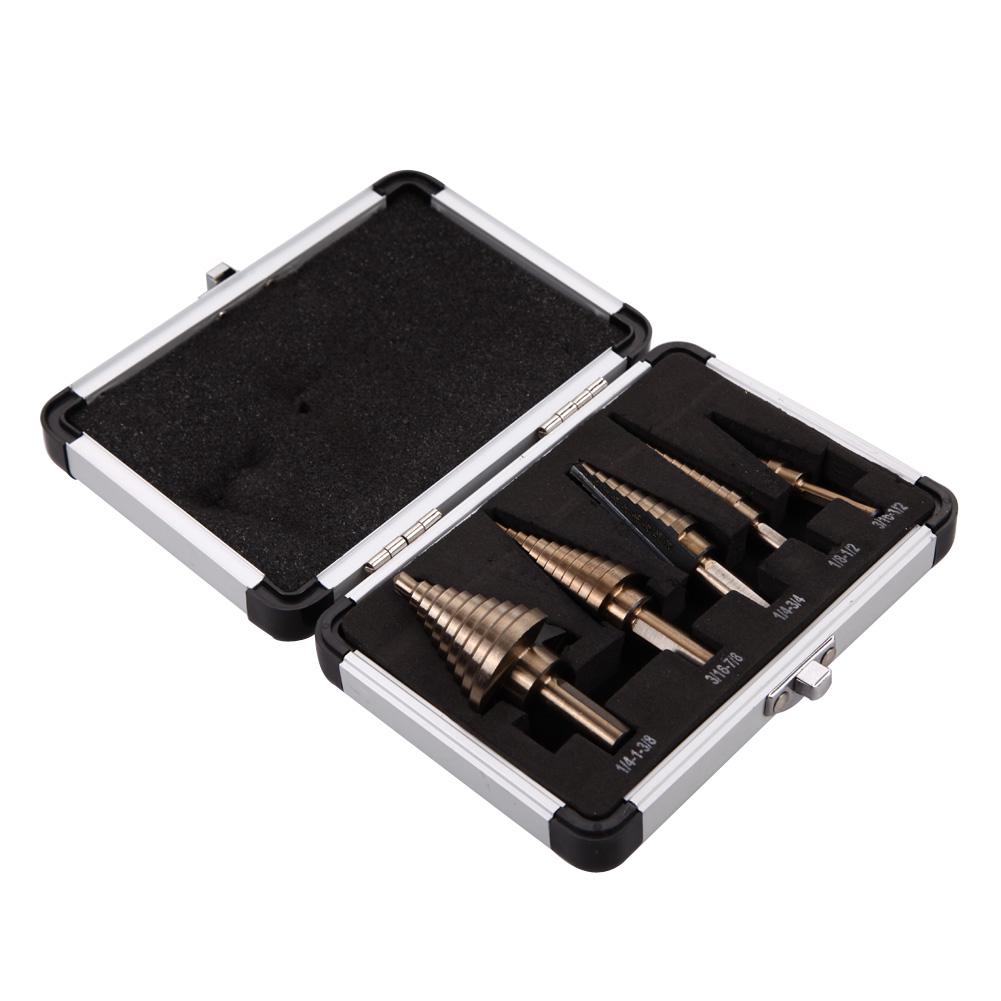 

5PCS HSS COBALT MULTIPLE HOLE 50 Размеры STEP DRILL BIT SET W/ Алюминиевый корпус