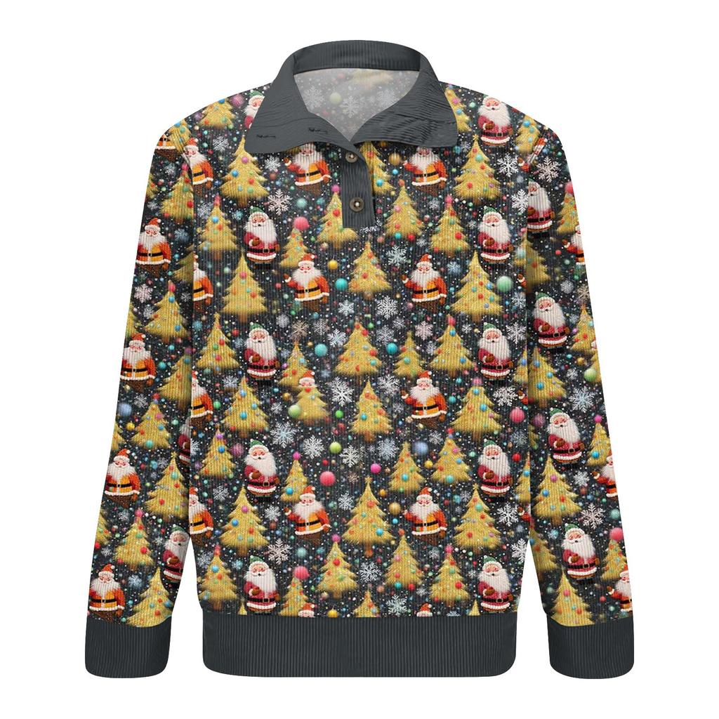 Men's Christmas Cotton Pullover Long Sleeve Outdoor Shirt Vintage Corduroy Button Stand Collar Shirt Casual Sweatshirt Christmas Print Top