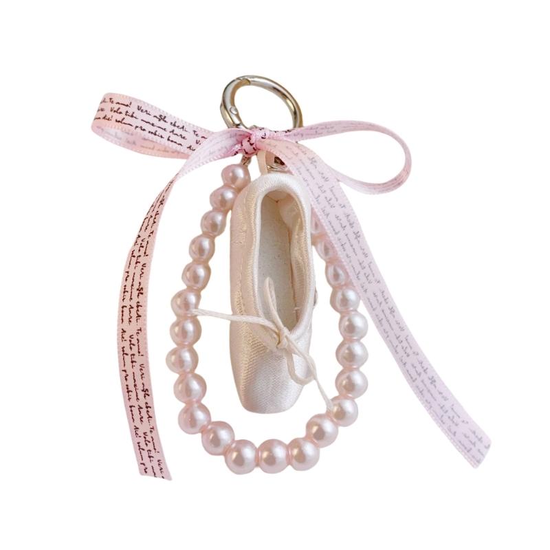 Fashionable Ballet Shoe Keychain Charm with Pearls Ribbon Designs Lovely and Stylish Accessory Portable for Girls