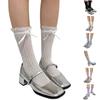 Student Elegant Hollowed Out Lace Ruffle Frilly Socks Women Japanese Style Middle Tube Calf Socks with Ribbon Bowknot