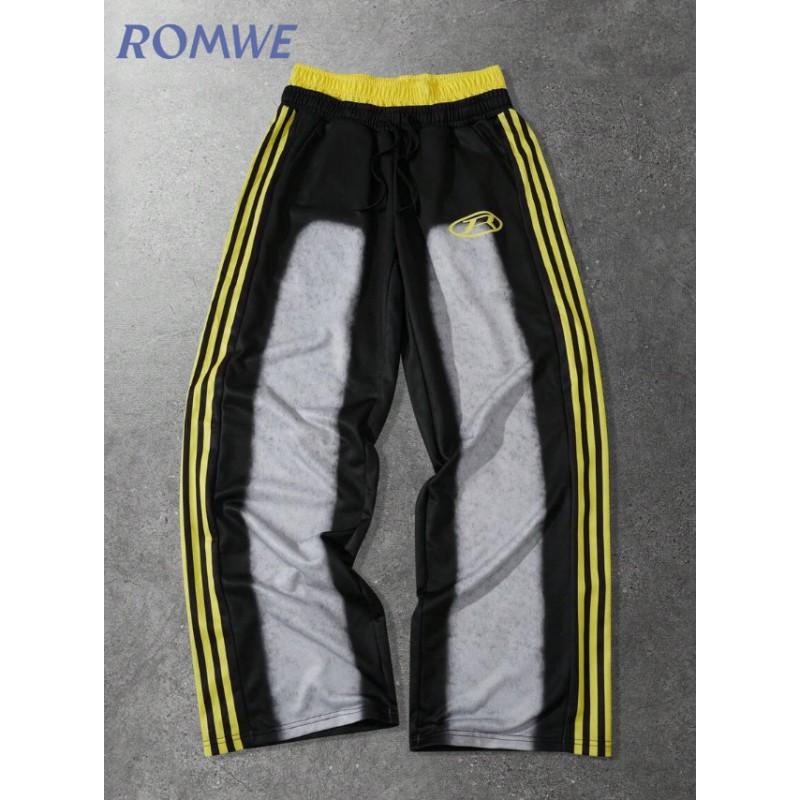 Pantalon de survêtement à rayures rétro avec badge imprimé lettre pour homme - Coupe ample droite - Streetwear - Pantalon décontracté