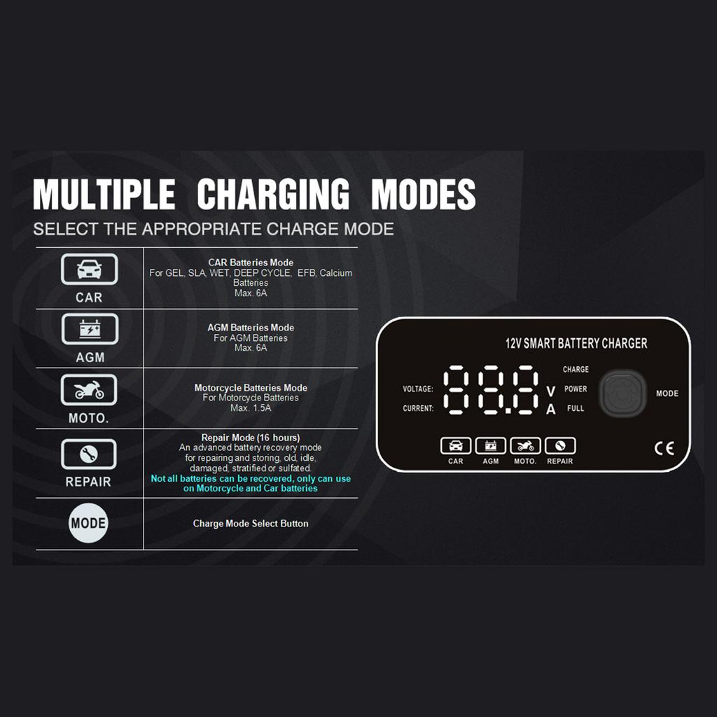 Motorcycle Battery Chargers 12V6A Full Automatic Smart Battery Chargers Maintainer Portable Trickle