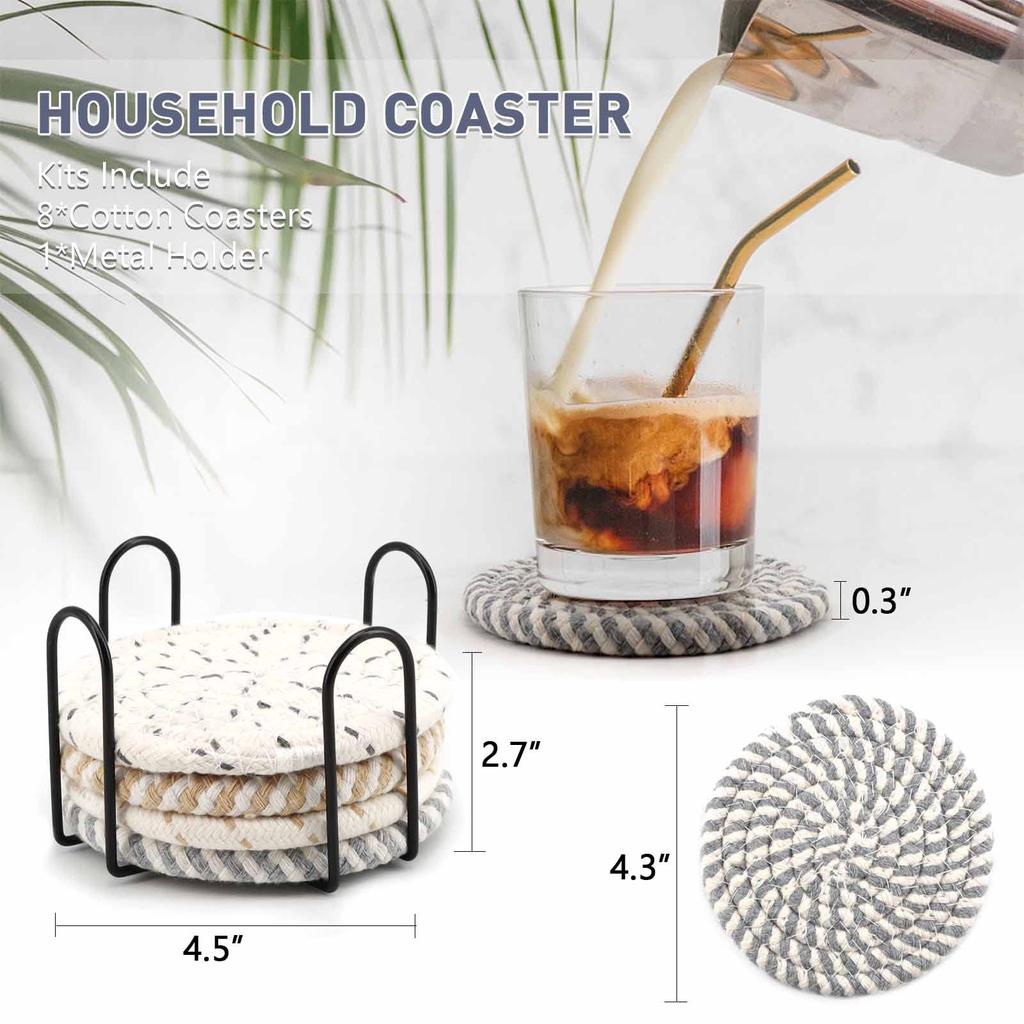 8Pcs Cup Coasters for Drinks Absorbent Woven Coaster Set with Holder Farmhouse Cloth Fabric Cup Coasters for Coffee Tea