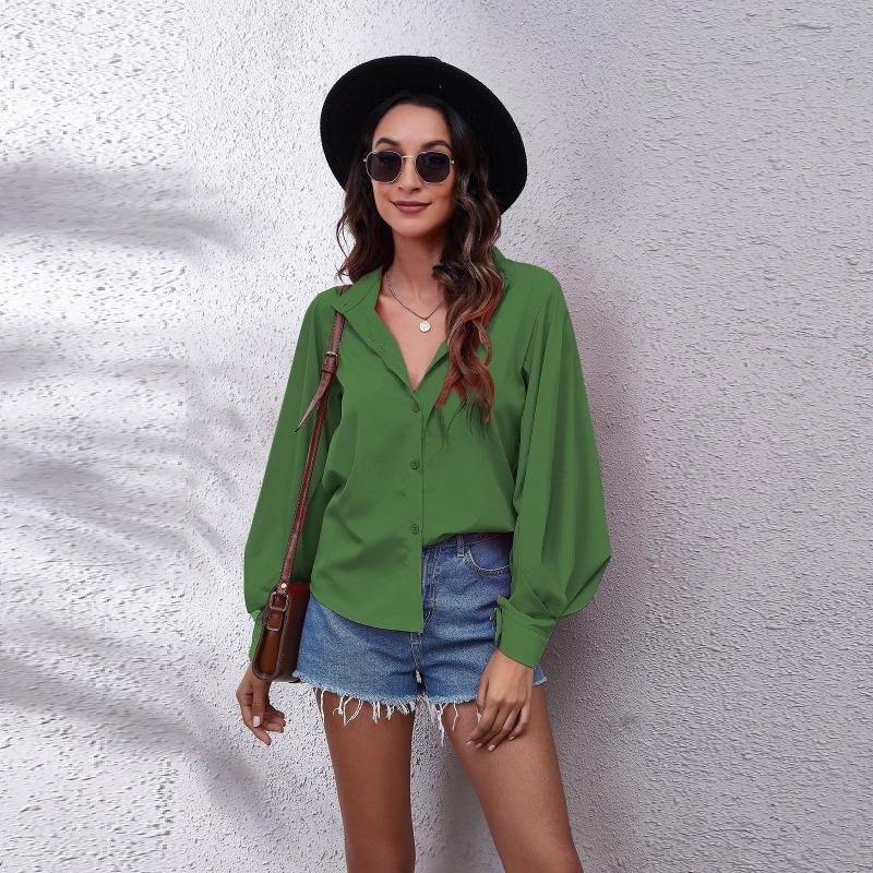 Spring Stand Up Collar Lantern Sleeve Shirt Women's Solid Color Long Sleeved Shirt Chiffon Shirt Blouses & Shirts