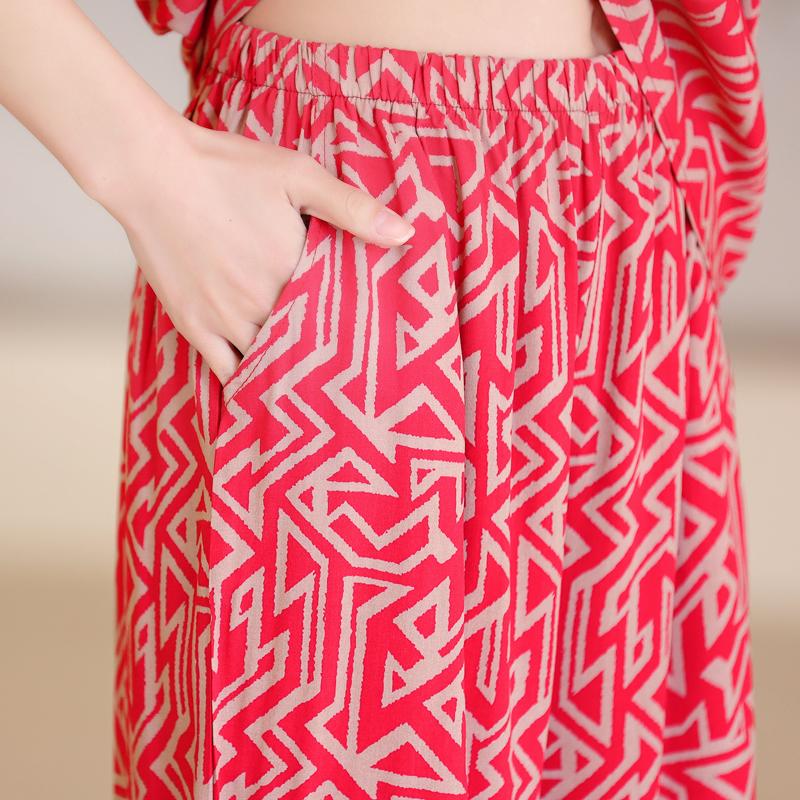 Plus Size Women Two Peice Sets Summer Loose Elegant High Waist Pant Sets Female Casual Vintage Print Oversize Suit
