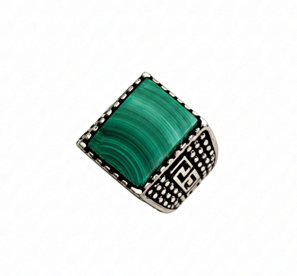 Green Malachite Signet Ring with Greek Key Detail, 925 Sterling Silver, Men and Women Jewelry