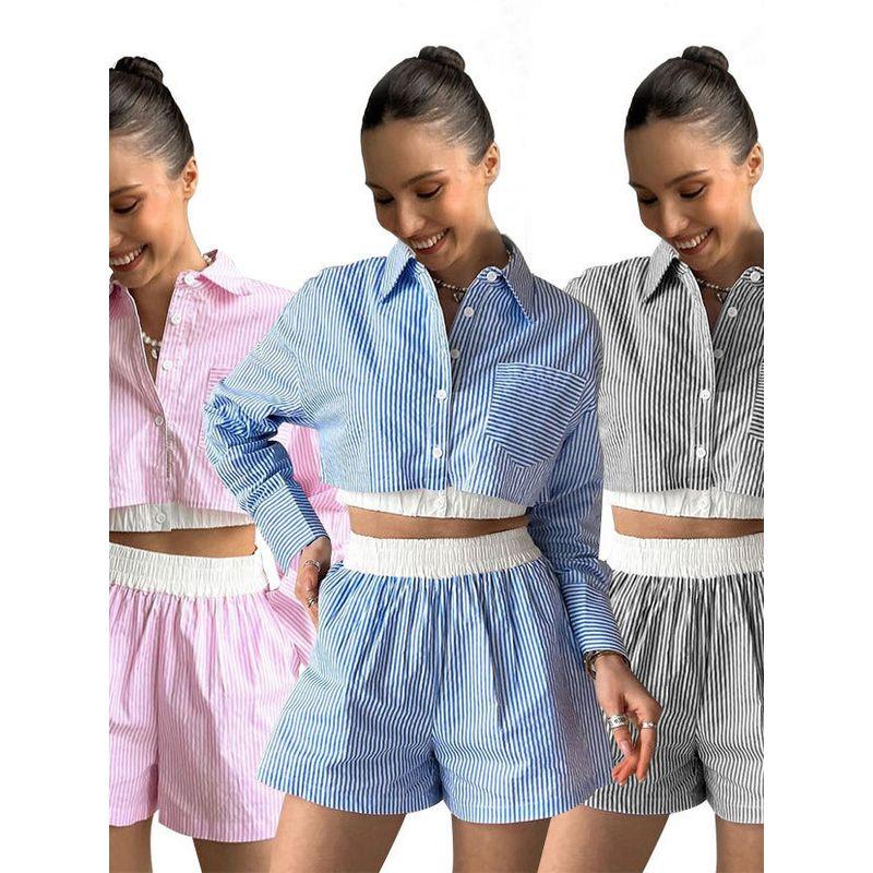 European and American Stripe Shirts Long sleeve Women two-piece Fashion Casual Elastic Waist Shorts Set Summer