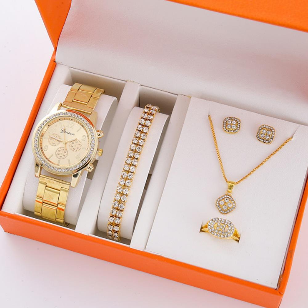 Popular Five-Piece Women'S Watch Three-Eye Set Quartz Diamond-Encrusted Watch Gift Bracelet Watch