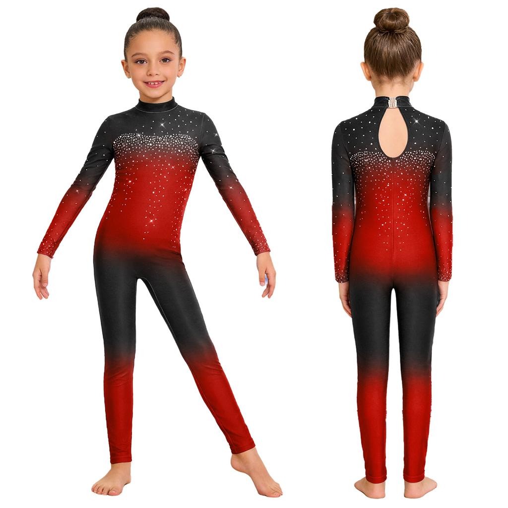 Kids Girls Asymmetrical Rhinestone Ballet Dance Leotard Sheer Mesh Gymnastics Jumpsuit Full Body Suit Figure Skating Dancewear