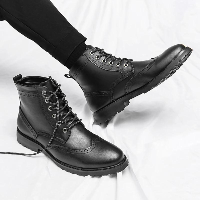 Block High Top Men Boots PU Carved Lace Up Low Heel Round Head Classic Business Formal Boots Comfortable Non Slip Men Boots