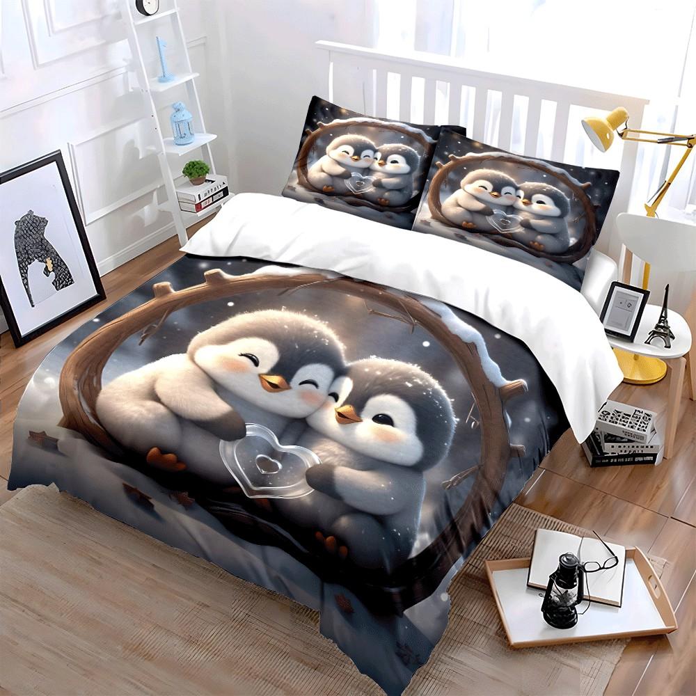 Penguin Love Winter Decor Set Exquisite Three-Piece Bedding Set Gift For Kids And Adults
